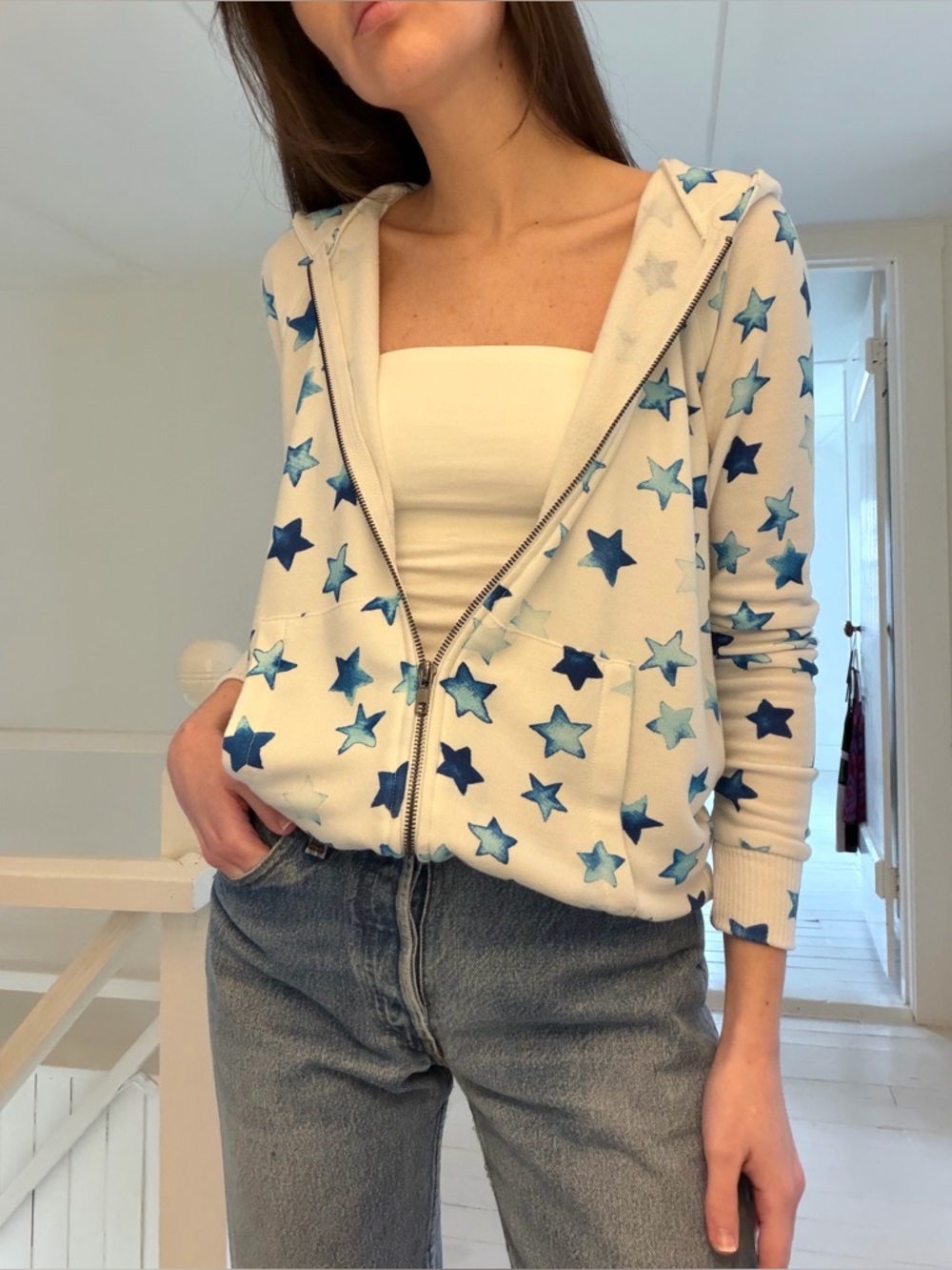 Chaser Star Printed Hooded Zip Up Sweatshirt White/Blue Size S Retail $114